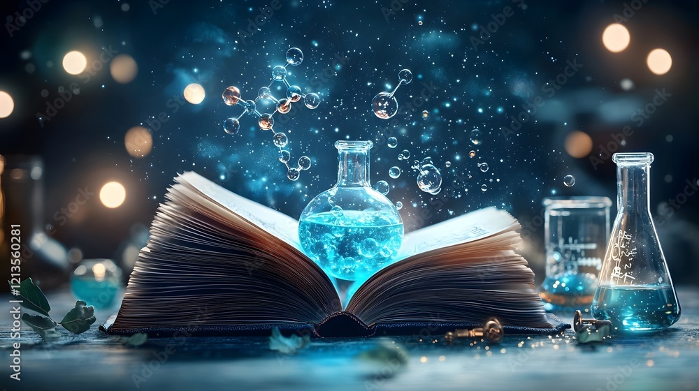 Poster glowing open book transforming into a vivid chemistry scene with bubbling flasks distillation setups