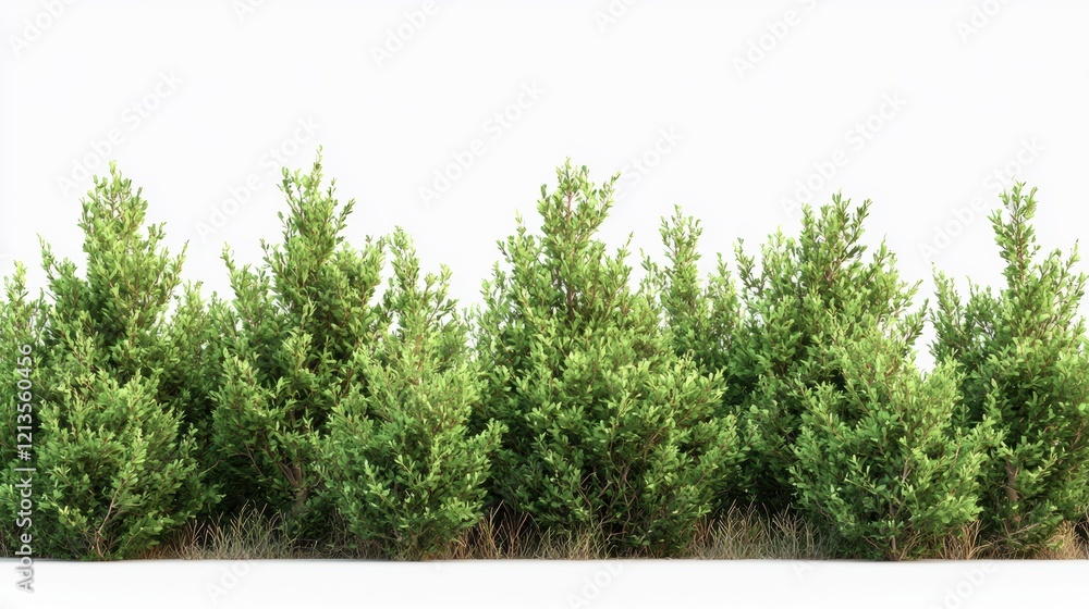 Poster a row of trees with green leaves and brown tips. generative ai