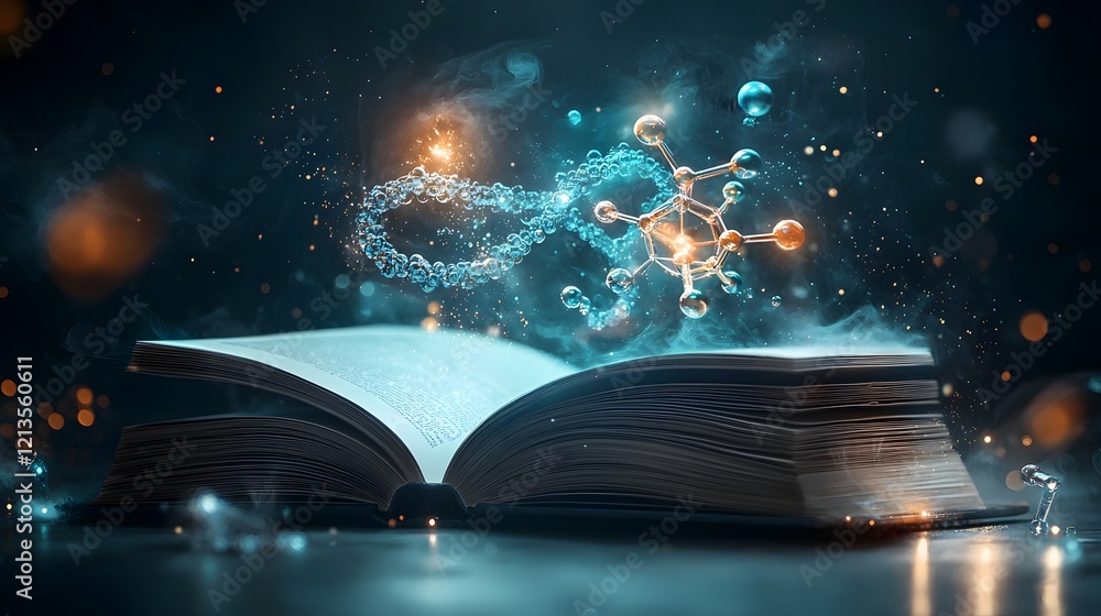Poster illuminated book projecting a colorful 3d chemical world with glowing dna ring and molecular structu