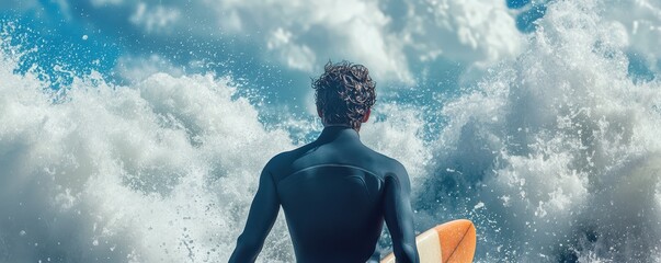 Backside of a man wearing a wetsuit, holding a surfboard, standing on a beach with crashing waves in the background