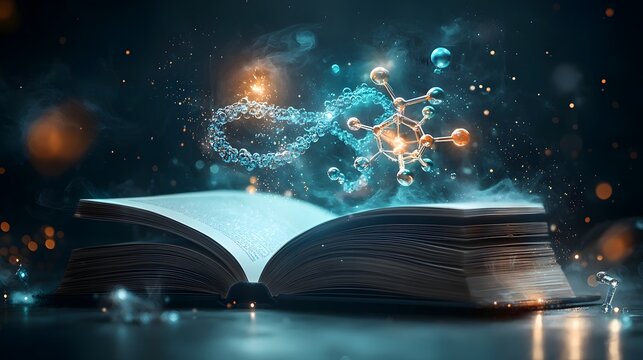 Illuminated book projecting a colorful 3D chemical world with glowing DNA ring and molecular structures in action  Floating holograms of catalyst functions intermolecular forces