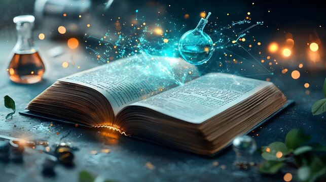 Surreal open book radiating blue and orange energy revealing a complex chemical synthesis process with intricate apparatus mixing reagents
