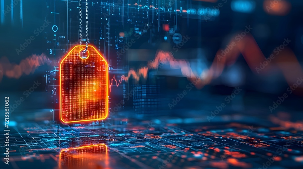 Poster glowing price tag icon displayed on a futuristic digital interface with various business analytics g