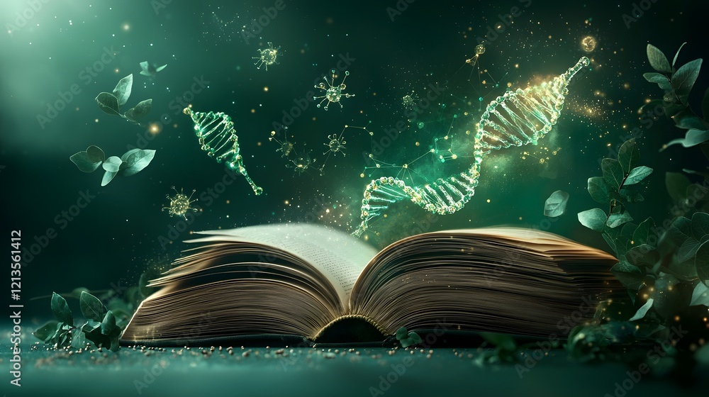 Poster glowing open book transforming into a dynamic scene showcasing intricate cell structure organelles d