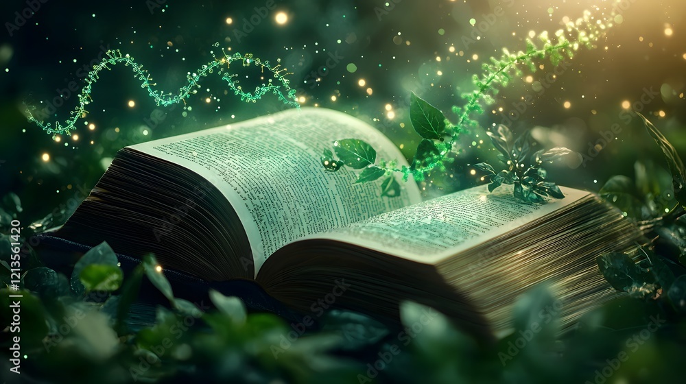 Poster glowing open book transforms into a vibrant display showcasing a detailed cell structure with visibl