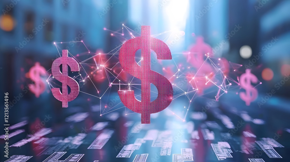 Poster interconnected dollar signs with arrows representing pricing dynamics and flow of currency in the fi