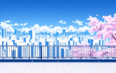 Fototapeta premium Rooftop view of city skyline with cherry blossoms.