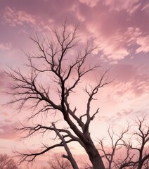 Fototapeta premium Bare tree branches etched against a soft pink cloudy sky on a warm day, soft pink clouds, bare tree branches