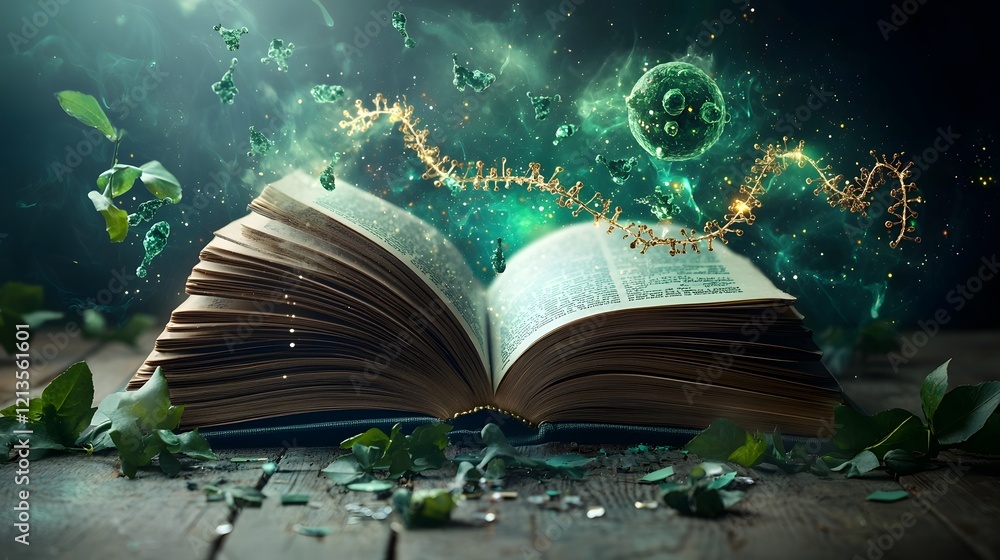 Poster glowing book transforming into a dynamic scene of cell structure and biological processes surrounded
