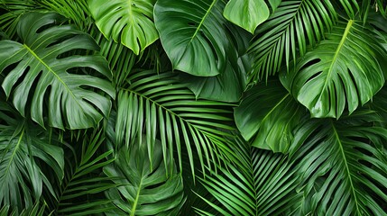 Lush tropical leaves background, vibrant green foliage texture for design
