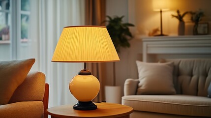 Warm living room lamp illuminates cozy sofa; evening ambiance. Home decor, interior design
