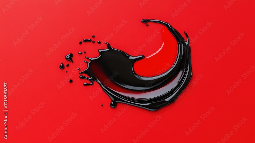 Poster black liquid splash on red: dynamic abstract image of a black liquid splashing and swirling on a vib