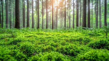 Fototapeta premium Dense green moss covering the forest floor, ideal for creating a natural backdrop for product montage displays with an earthy and peaceful ambiance.