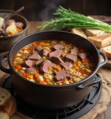 Beef and barley soup in a large cast-iron pot on the stovetop, soup, kitchen appliance, cast iron