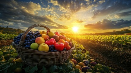 Sunset Harvest: A Basket of Fresh Fruits in a Vibrant Field