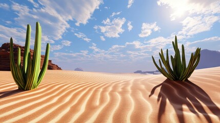 Desert Landscape with Cacti under a Sunny Sky and Blue Clouds