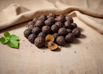 Fototapeta premium Black truffle tuber Aestivum on a linen tablecloth, fungi, truffle