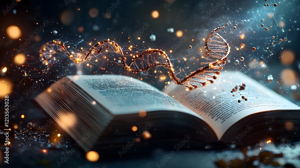 Poster an illuminated book projecting a vibrant biological world with a 3d dna helix neuron networks and th