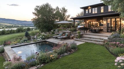 Fototapeta premium Modern luxury villa features a backyard swimming pool and patio overlooking a scenic valley at sunset.