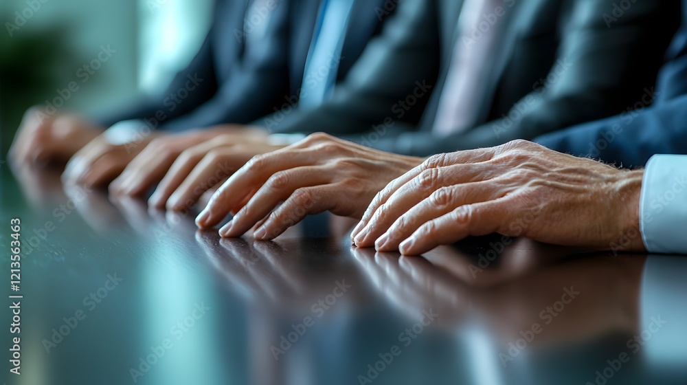 Poster close up view of business partners hands on the table collaborating and discussing strategy with a t
