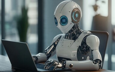 Fototapeta premium A humanoid robot with advanced technology works on a laptop in a bright, modern office setting, showcasing AI capabilities, AI robot replacing human works. 