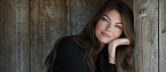 Fototapeta premium Elegant Woman with Long Brown Hair by Wooden Wall