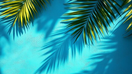 Soft light blue minimal abstract background with tropical leaf and curtain shadows on plaster wall, creating a clean, elegant setting for displaying products.