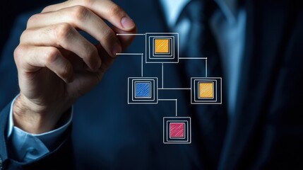 A man is drawing a diagram with four boxes and a tie. Generative AI