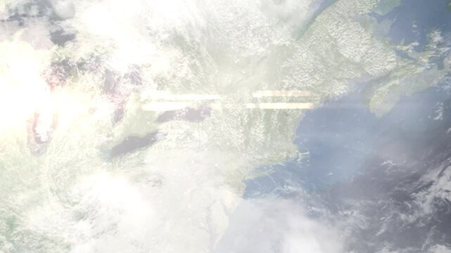 Earth zoom in from space and focus on Utica, New York, USA. Background for travel blog or intro. Satellite view. 3D style animation. Images from NASA.