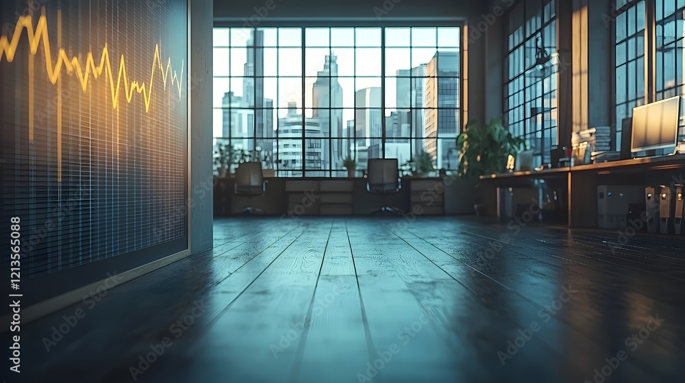 Poster a sleek and modern office setting with an upward trending financial graph on the wall showcasing the