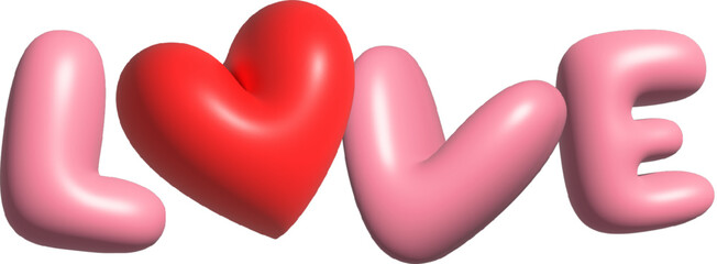 3d love text design with heart. Illustration for valentine's day. 3d festive decoration, heart shaped balloon and love letter. Holiday banner and poster.