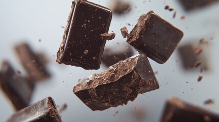 Chocolate bar pieces flying in air. Realistic 3d vector illustration set of dark brown cocoa sweet dessert. Square black or milk choco candy broken chunk. Falling delicious confectionery product cube.