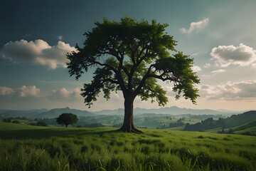 Obraz premium Lonely tree in the middle of the green fields with the background of huge mountain