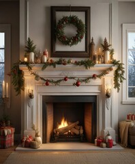 Christmas decorations on a mantel above a fireplace, christmas decorations, evergreen branches