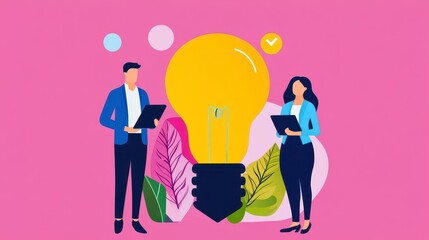 Obraz premium Business People Presenting Ideas with Light Bulb and Leaves Background