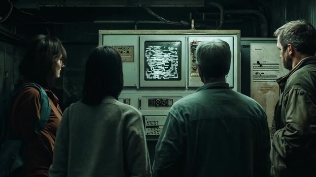 A group of people standing in a dimly lit room, examining a retro computer system with an enigmatic message displayed on its screen.