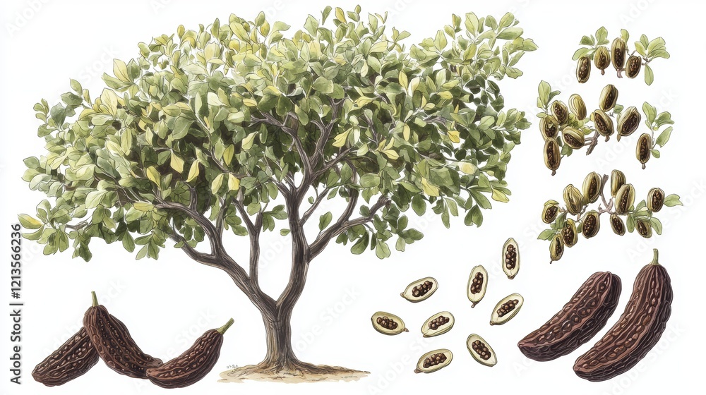 Poster a drawing of a tree with a bunch of nuts on the ground. generative ai