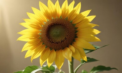 Fototapeta premium Close-up of a single bright yellow sunflower with its petals unfolding in the sunlight , sunflower, sunlight, petal, bloom, yellow
