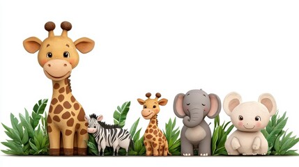 Fototapeta premium Adorable Stuffed Safari Animals Amidst Lush Green Foliage: A Whimsical Scene of Childhood Innocence and Joy