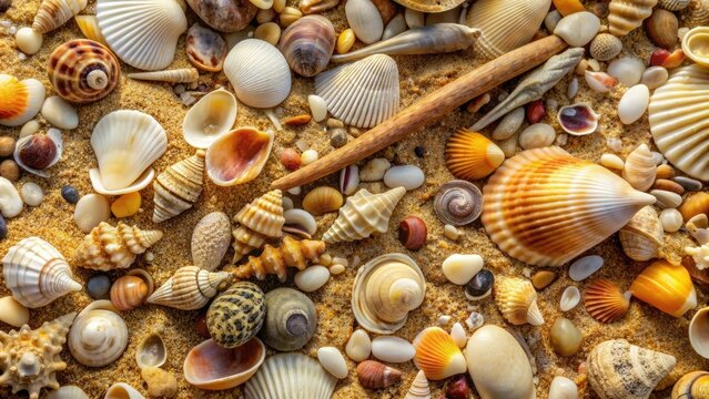 Close-up shot of beachy textures sand grains, shells, pebbles, and driftwood, sand, natural materials