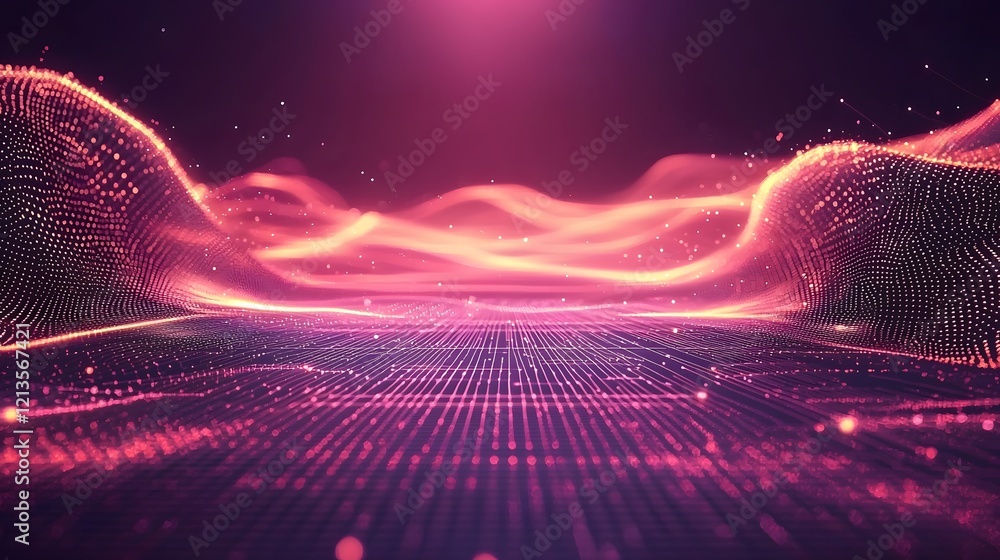Poster mesmerizing digital grid background with abstract glowing shapes luminous lines and a futuristic dim