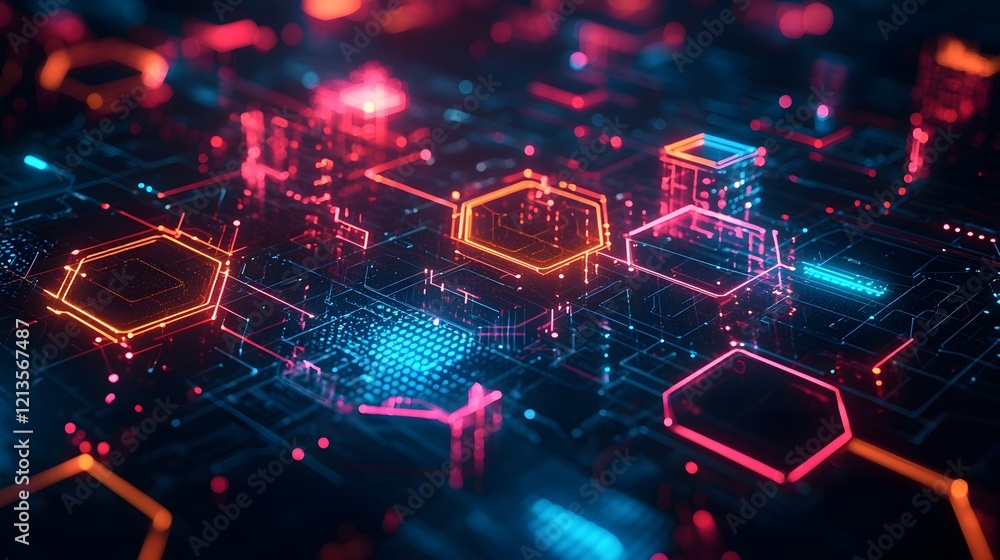 Poster vibrant futuristic digital backdrop with colorful geometric shapes glowing neon patterns and lumines