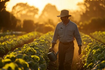 Fototapeta premium Farmer Watering Crops at Sunset in a Field