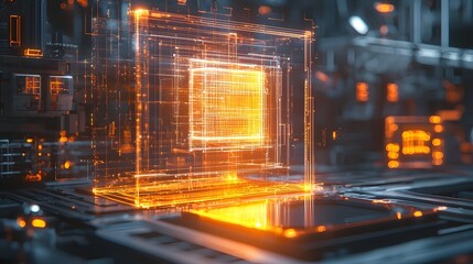 Futuristic digital blueprint of an advanced modern invention or technological innovation displayed on a glowing luminous computer screen  Conceptual hi tech scientific