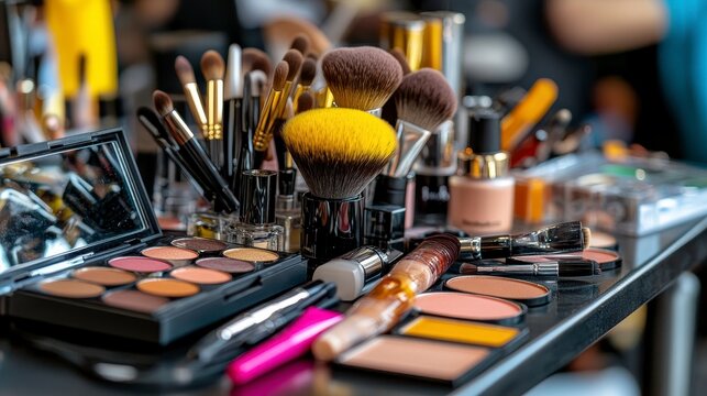 Vibrant makeup setup featuring brushes, palettes, and cosmetics on a table at a beauty event