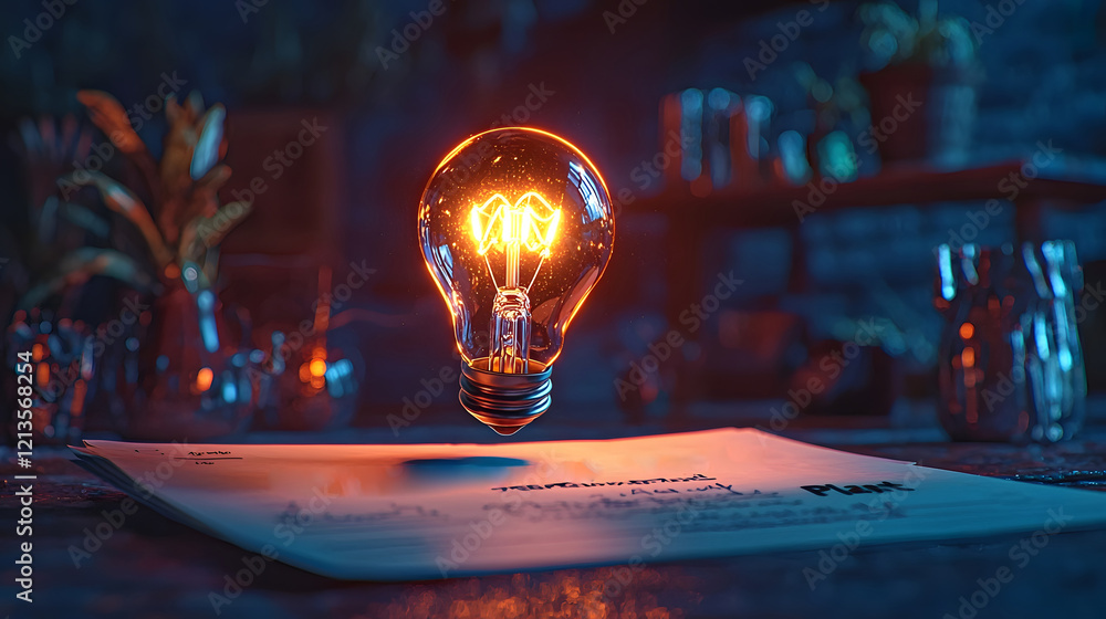 Poster a glowing light bulb hovering above a document labeled strategy plan on a cluttered office desk symb
