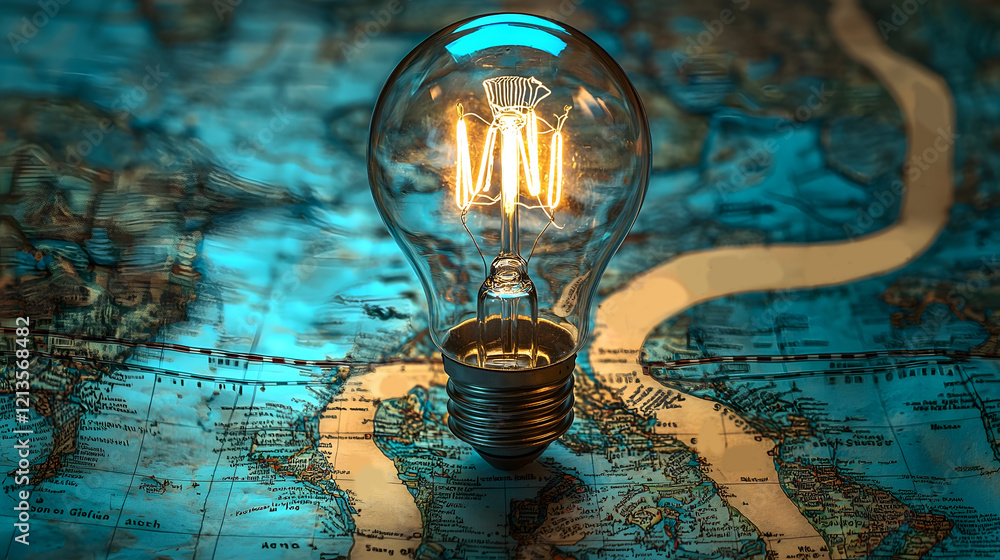 Poster a light bulb illuminating a map with pathways marked vision and action symbolizing the strategic pla