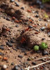 Ant crawling along the ground with larvae on back, tiny beast, tiny creature, ant