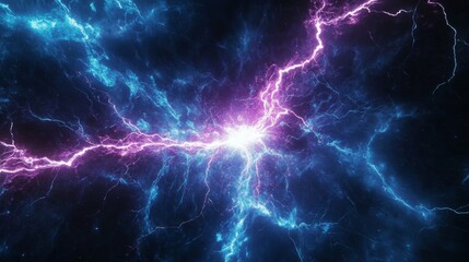 Fototapeta premium Electric ball and lightning strike, impact place, plasma sphere or magical energy flash of blue and lilac colors isolated on black background. Powerful electrical discharge, Realistic 3d vector set