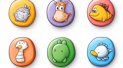 Cute Hand-Drawn Animal Icons on Colorful Backgrounds for Kids